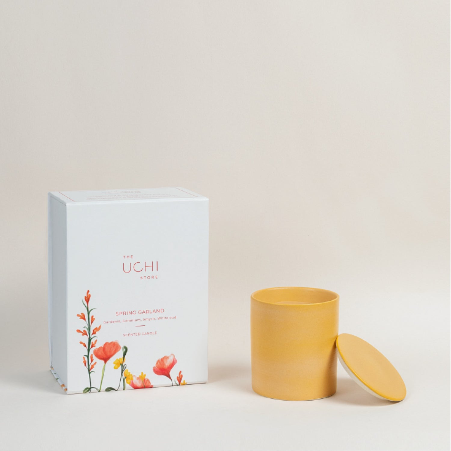 Spring Garland floral oud luxury candle in mustard ceramic jar